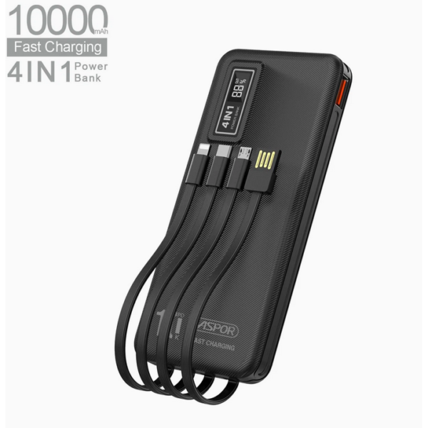 پاوربانک ASPOR مدل A300 PD ظرفیت 10000 میلی‌آمپر با فست شارژ 22.5 وات و کابل‌های داخلی