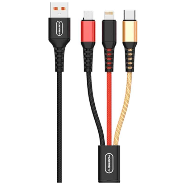 کابل شارژ چند منظوره VDENMENV مدل D02E – سه سر (3in1) – شدت جریان 2.4 آمپر – طول 120 سانتی‌متر